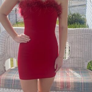 Elegant Red Feather-Trimmed Dress